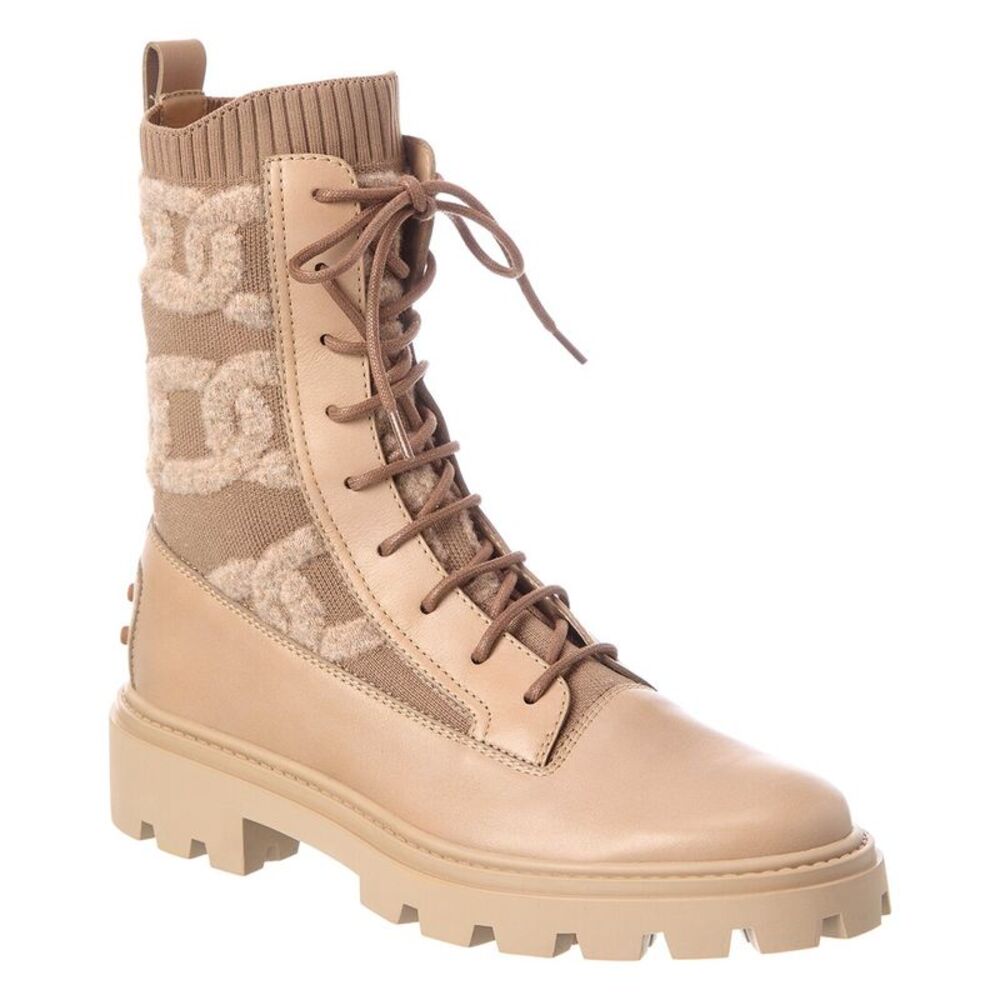Tod’S Knit & Leather Boot, Beige